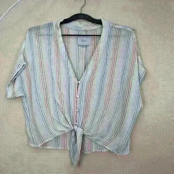 Rails Womens Small Blouse S/S Woven Button V Neck Stripe Pink Blue Green TC1 - Picture 1 of 7